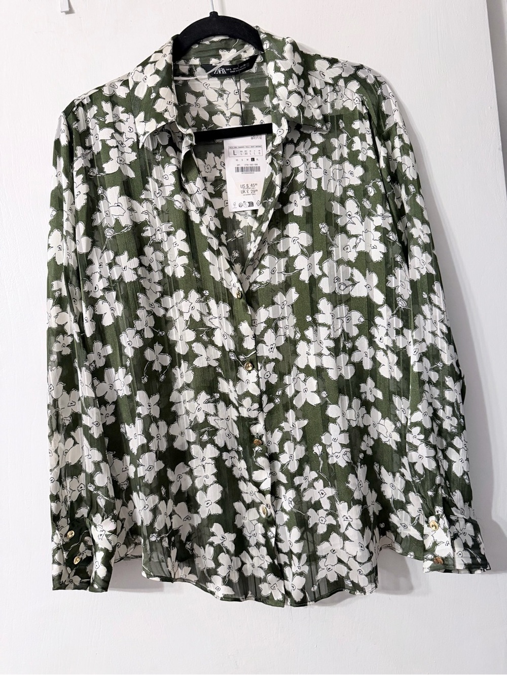 ZARA NWT Olive Green & White Floral Button-Up Blouse Sz L